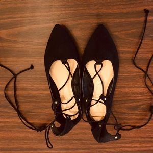 NEW Black Faux Suede Strappy Pointed Ballet Flats